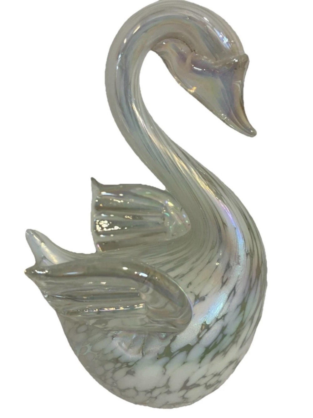 Vintage Hand Blown Swan Glass Sculpture Figurine Iridescent Pearlescent Finish